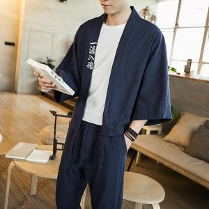 Tute da uomo Primavera Estate Sottile Giacca Kimono Vintage Uomo Cotone Lino Nero Grigio Rosso Cappotto retrò allentato Ricamo maschile Taglie forti