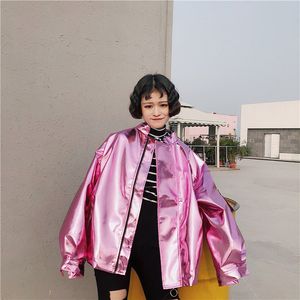 Women's Jackets Flash Sale Autumn Women Street Loose Metal Color Silver Pink Stand Neck Coat Punk Party Fashion Jacket Limited Supply 230803