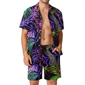 Herrspårar tropiska palmblad män sätter färgglada tryck casual skjorta set streetwear beachwear shorts sommar grafisk kostym 2 stycke 2xl