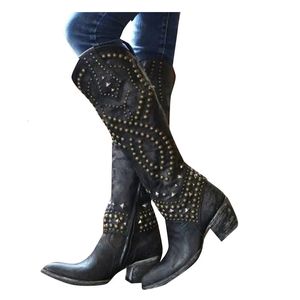 Stivali Stivali da cowboy occidentali per donna Inverno Tacco grosso Moda Rivetto Punta a punta Stivali alti al ginocchio Scarpe femminili Taglie forti 43 230803