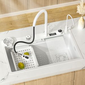 White Waterfall Faucet Kitchen Sink Stainless Steel Modern Large Single Sink Bowl Wash Basin Kitchen Home With Digital Display