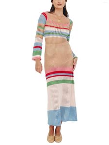 Sukienki swobodne modne kobiety sukienki na drutach z długim rękawem-throught siatkowe luźne wąwozu w paski jesień letnie midi