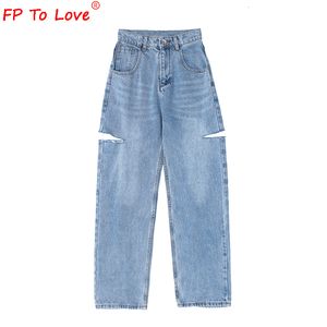 Herrenfrau Design Jeans Jeans Hosen Frühling Herbst Streetstyle Ripped Schnitt in voller Länge hoher Taille Hellblau Reißverschluss weitbeinige Hosen 230803