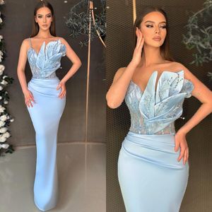 Sexy Sky Blue Mermaid Evening Dresses Spaghetti Beads Pleats Formal Party Prom Dress Red Carpet Long Dresses for special occasion