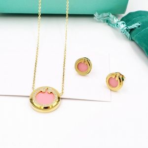 2023 lovely cute long gold thin stainless steel chain pink crystal diamonds round plate design Women necklace earrings suit with dust bag and box
