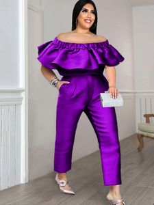 Women's Plus Size Pants 2 Piece Set Women Shiny Crop Tops Y2K Summer Bare Shoulder Ruffles Sweet Blouse Long Pocket Suit for Ladies 2023 230804