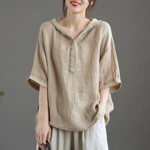 Kvinnors T-skjortor 2023 Summer Loose Cotton Linen Hoodie Shirt Woman Kort ärm T-shirt V Neck Korean Style Women T-shirts