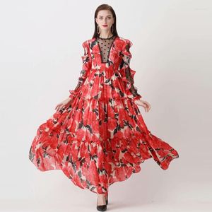 Lässige Kleider Est HOHE QUALITÄT Mode 2023 Runway Maxi Kleid Damen Langarm Gaze Patchwork Wunderschöne Blumendruck Rüschen