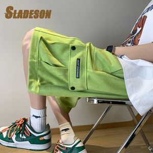 Pantaloncini da uomo Pantaloncini da basket Uomo Pelle scamosciata Verde Estate Streetwear Colore brillante Tasche grandi Pantaloncini HighStreet Y2K Pantaloncini cargo Techwear Uomo 230804