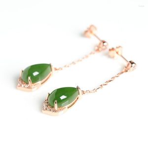 Dangle Oorbellen 925 Zilver Ingelegd Natuurlijke Spinazie Groene Jaspis Druppel Echt En Hetian Jade Dames