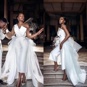 Beach White Jumpsuit Wedding Dresses Bridal Gowns with Detachable Train Sheer Long Sleeve Beaidng vestido de novia