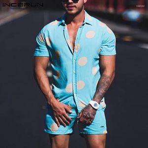 Herrspårar män sätter polka dot print andningsbar lapel kort hylsa skjorta strand shorts streetwear casual mens hawaiian kostymer 2 stycken