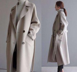 Vintergravrock för kvinnor elegant mode casual tjock ullrock beige snörning långjacka svart kvinna kappa med blet