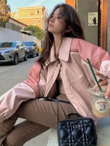 Женские куртки Deeptown Pink Zip Up Up Up Conted Jackets для женщин уличной одежды Y2K сладкая кожаная куртка PU 90 -х