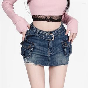 Etekler Kore moda y2k harajuku kemer bel şortları kadın seksi zayıflama denim çift cepler bodycon kısa demin etek jup