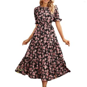 Casual Dresses Ladies Spring Summer Floral Print Puffed Sleeve Slitt Mid Length Midjen Slimming Lämplig knäklänning