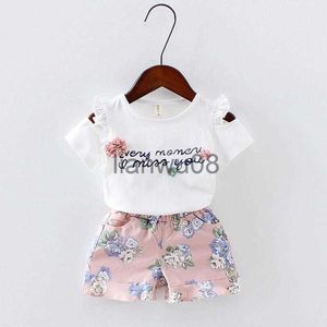 의류 세트 여자 아기 옷의 옷 꽃으로 인쇄 된 짧은 슬리브 끈이없는 tshirtpant 2pcs 소녀 세트 아이의 의상 레이디 정장 아동 세트 A293 x0803