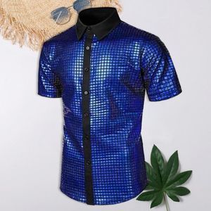 Men's T Shirts Men Club Shirt Breathable Reflective Shiny Sequins 70s Disco Vintage Style Turn-down Collar Short Sleeve