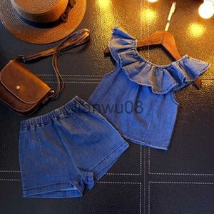 Giyim Setleri 2020 Yaz Kız Giysileri Setleri Moda Denim Omuz Uçan Kollu Top Şort 2 PCS Bebek Çocuk Giysileri Takım Çocuk Giyim X0803