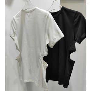 여성용 T 셔츠 23 여름 자수 섹시한 열린 허리 케어 기계 중공 간단한 단색 슬림 한 핏 짧은 슬리브 티셔츠 탑