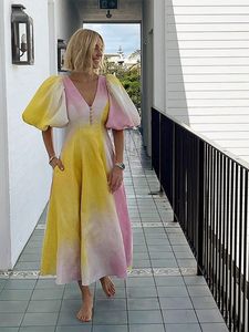 Urban Sexy Dresses Rainbow Holiday Dres Short Lantern Sleeve V Neck Button Fashion High midje Summer En linje Backless Colorful Robe 230804