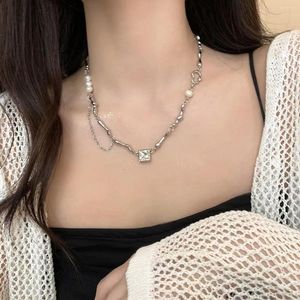 Kedjor Square Black White Zircon Pearl Metal Asymmetrical Tassel Chain Necklace For Women Cool Girl Jewelry Birthday Presents