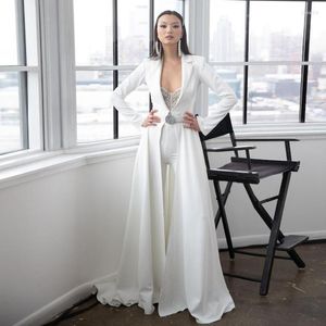 Casual Dresses High End White Women Set Modest Jumpsuits With Long Jacket Sparkle Crystal Beaded Elastic Fabric Bridal Dress Maxi