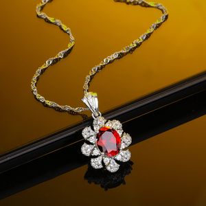 Korean Style Flower Petal Ruby Pendant Necklace Female Sweet Romantic Clavicle Chain S925 Sterling Silver Candy Color Jewelry