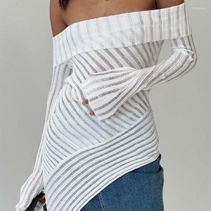 Women's Sweaters Off Shoulder Knit Shrug Long Flared Sleeves Striped Irregularly Pullovers Women Fall Y2K Aesthetical Knitwear