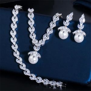 Fashion 2pcs/set Bridal Jewelry Set Shell Pearl Necklace Earring African Jewelry sets White AAA Zirconia Woman Wedding Bridesmaid Diamond Earrings Necklaces Gift