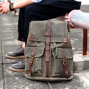 Backpack College School Bookbag Laptop Bags Waxed Canvas Travel Rucksack For Men Retro Fashion Daypack England Stlye Hiking Backpacks