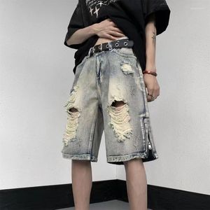 Мужские джинсы летние джинсовые шорты для мужчин уличной одежды хип -хоп винтаж вымытый разорванные мешковатые брюки.