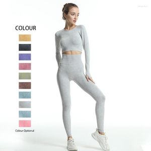 Women's Leggings Women Sports Gym Wear Workout Set Tights Crop Top 2 Pieces Seamless Long Sleeve Fitness Yoga