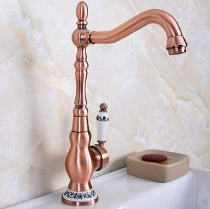 Kitchen Faucets Antique Red Copper Brass Ceramic Handle Base Bathroom Basin Sink Faucet Mixer Tap Swivel Spout Deck Mounted Mnf640