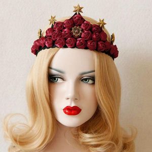 Grampos de Cabelo Feminino Tiara Rosa Vermelha Flor Hexagrama Estrela Coroa Banda Guirlanda Elástico Adereço para Vestido Baile de Noivas Festa de Casamento