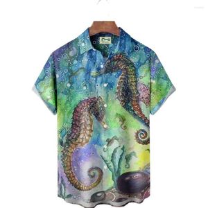 Camisas casuais masculinas Camisa 3d Seahorse Hawaiian Men Vestuário Cartoon Underwater World Print Summer Vacation Tshirts Oversized Tshirt Tops