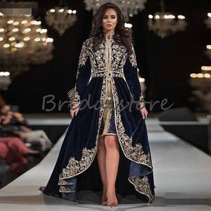 New Moroccan Caftan Evening Dresses Long Sleeve Lace Appliques Muslim Arabic Formal Prom Dress 2020 Velvet High Low Dubai Abaya Ev244D