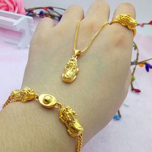 plating gold Women's Gathering Wealth Xiupi Ring Necklace Bracelet Three Piece Set Wedding Jewelry Set