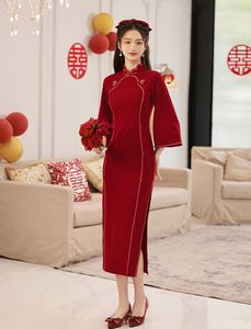 Etnik giyim bordo zarif mantarin yaka buz kadife cheongsam trompet kolu uzun stil qipao Çinli kadın elbise