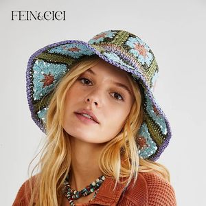 Visir Colorful Raffia Crochet Bucket Hat Handmade Rainbow Straw Granny Square Summer Beach Sun 2023 230804