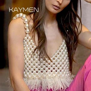 Kedjor Kaymen Elegant Lady Pearl Sexig Crop Top Camisole för Summer Sandbeach Bikini Body Chain Halsband ärmlös rygglös väst
