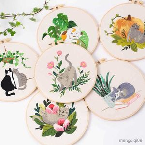 Kinesiska stilprodukter Diy Cat broderi -starter med broderi Hoops Threads Needles Cross Stitch Kit för nybörjare Needle Arts Craft R230804