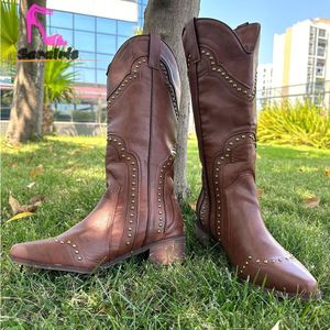 Stövlar Vintage Western Boots för kvinnor Autumn Winter Fashion Point Toe Roma Mid Calf Boots Embroidery Western Cowgirl Boots 230803