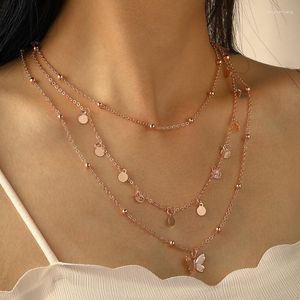 Chains Boho Metal Multilayer Butterfly Necklace For Women Vintage Gold Color Bead Sequin Pendant Choker Necklaces Fashion Party Jewelry