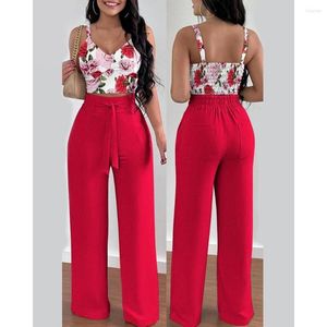 Women's Pants Summer Women Tropical Print Shirred Sleeveles Crop Top & High Waist Set Femme Casual Vacation Two Pieces Suit Outfits