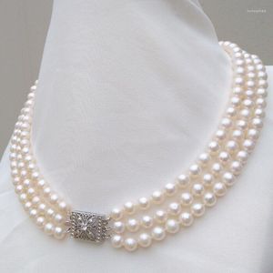 Chains 17"-19" Triple Strand Natural 7-8mm Akoya Round White Pearl Necklace 925 Clasp