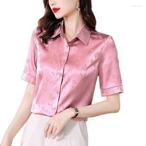 Kvinnors blusar Summer Stylish Silk Pink Shirt 2023 Luxury Designer Short Sleeve Elegant Satin Button Up Lapel Ol in Tops