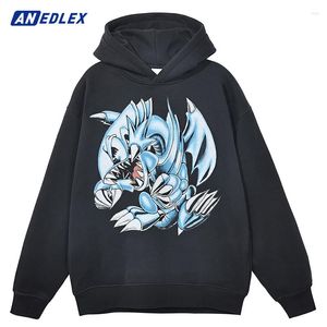 Męskie bluzy męskie umyte czarne bluza z kapturem streetwear anime niebieski smok grafika haruku bawełna zima z kapturem pullover