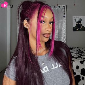 Synthetic Wigs Ombre Dark Purple Straight Human Hair Brazilian Lace Front Wig for Women 13x4 Glueless hHuman Ready to Wear 230803