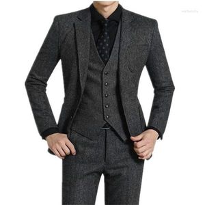 Herrdräkter 3 stycke grå tweed män för bröllop toppade lapel anpassad casual brudgum tuxedos vinter man mode klädjacka byxor byxor